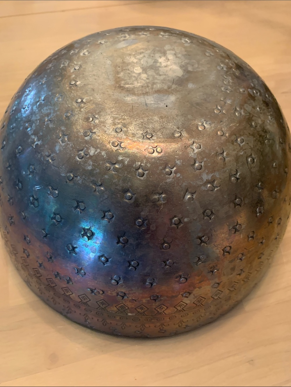 VTG Hand Stamped Metal Bowl 10” X 5” Unpolished Primitive Serving Bowl